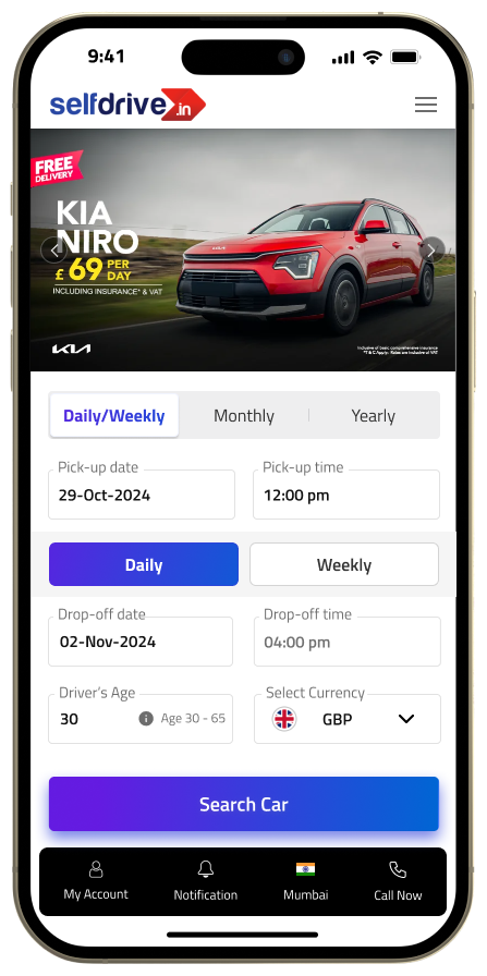 A screenshot of the SelfDrive.in app showing a rental option, users can select daily, weekly, monthly, or yearly rentals, input pickup and drop-off locations and dates, and choose between INR and other currencies.